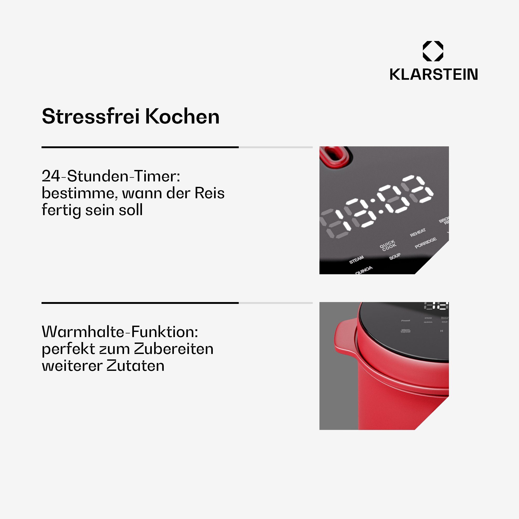 Klarstein Reiskocher Kenbu, 400 W, mit dampfgarer Elektrisch Multifunktions Kocher Rot