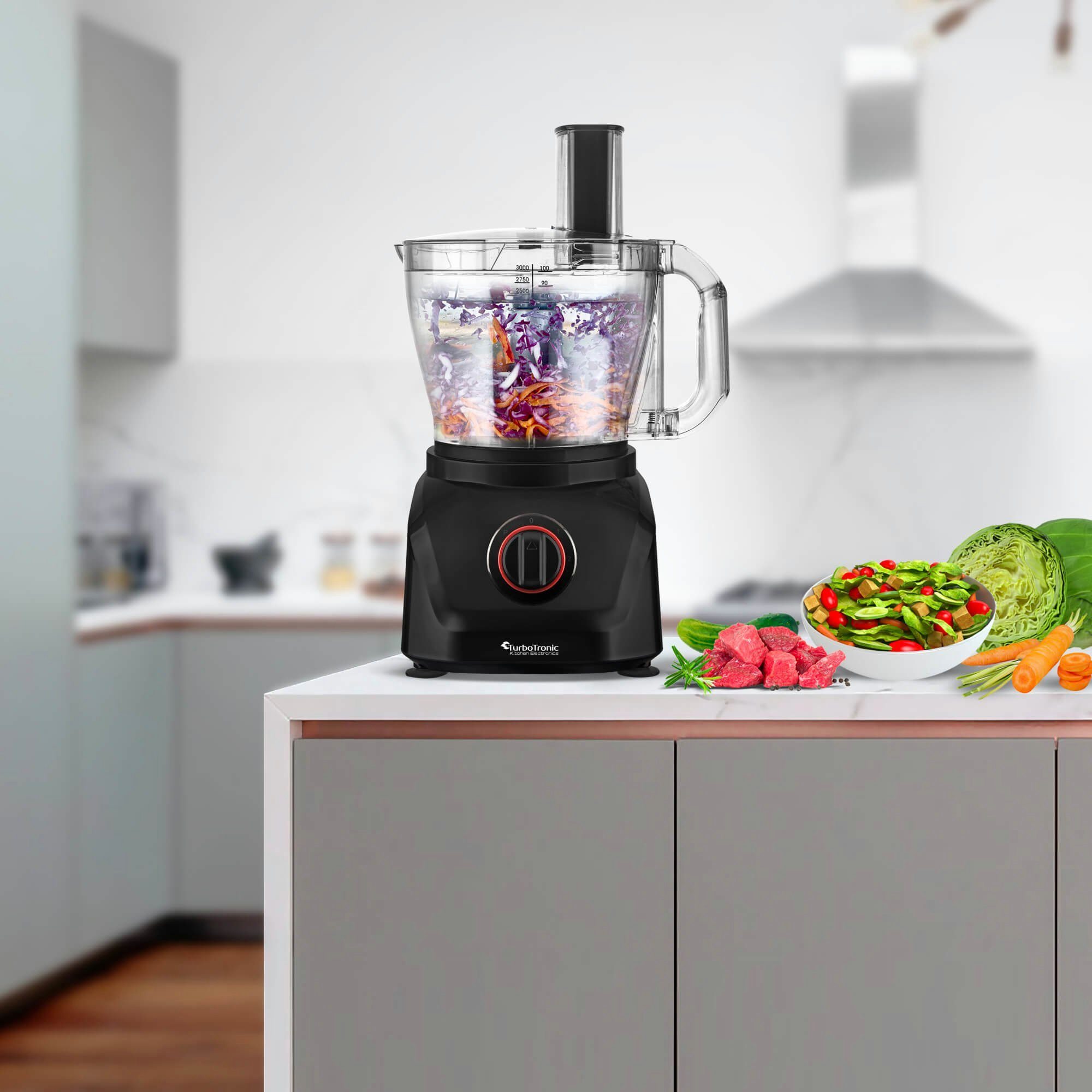 TurboTronic by Z-Line Küchenmaschine Food Processor mit Standmixer 3L Behälter 1,5L Glaskaraffe, 1900 W, 3 l Schüssel, Raspelscheiben Zitruspresse Zerkleinerer Eiscrusher Power
