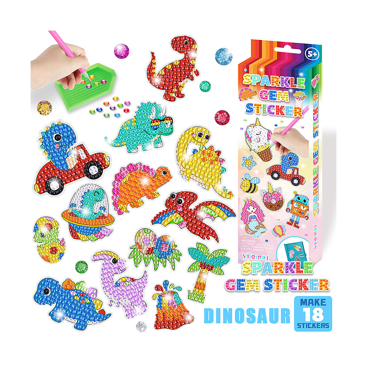 Diamand Painting Aufkleber Dinosaurier,18 Stücke Mosaiksets für Mädchen