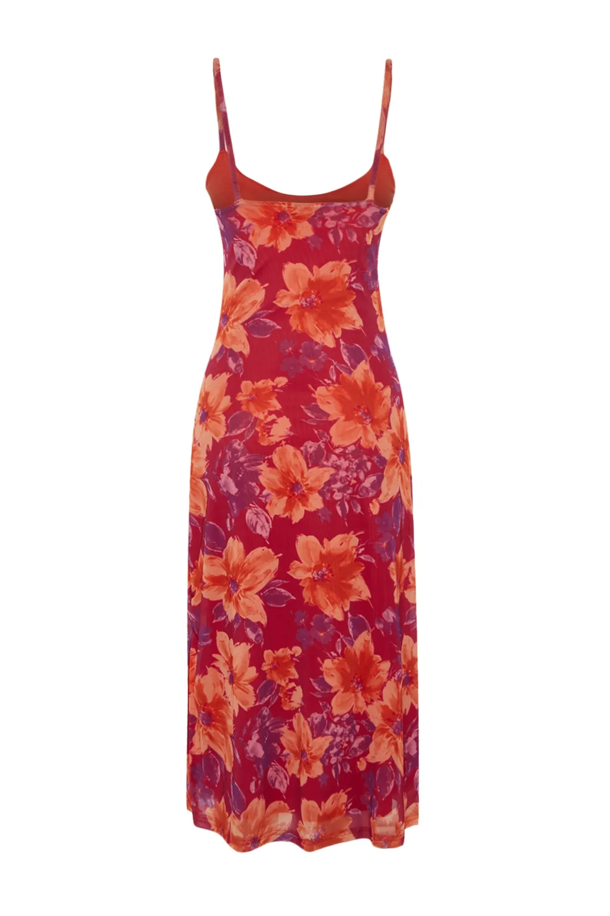Trendyol Collection  Rosafarbenes Midikleid mit Blumenmuster, Schlitz, detailliertem Futter und Tüllträgern TWOSS23EL01453