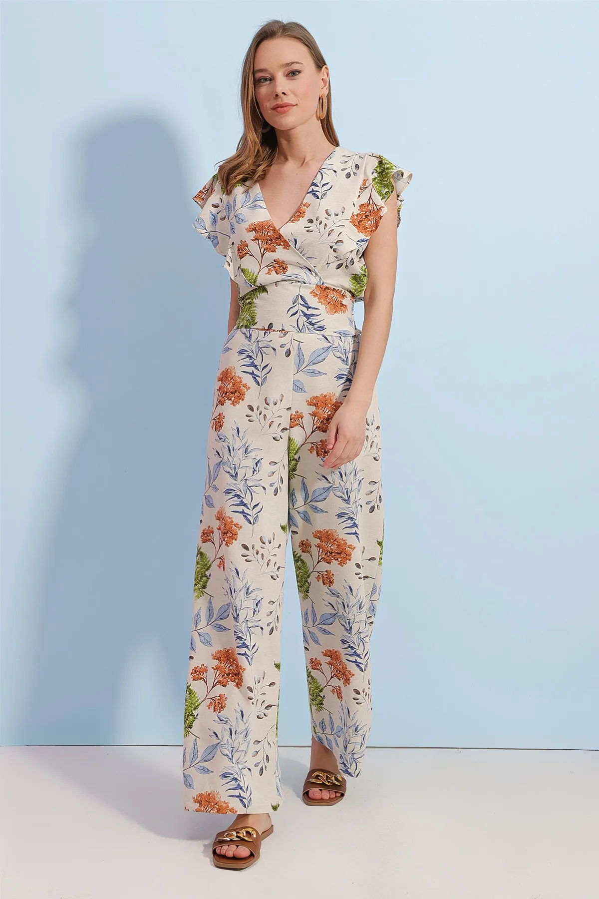 Pattaya  Damen-Set mit floral gemustertem Gipe-Detail-Unterteil und Oberteil aus Leinen P23s191-1342