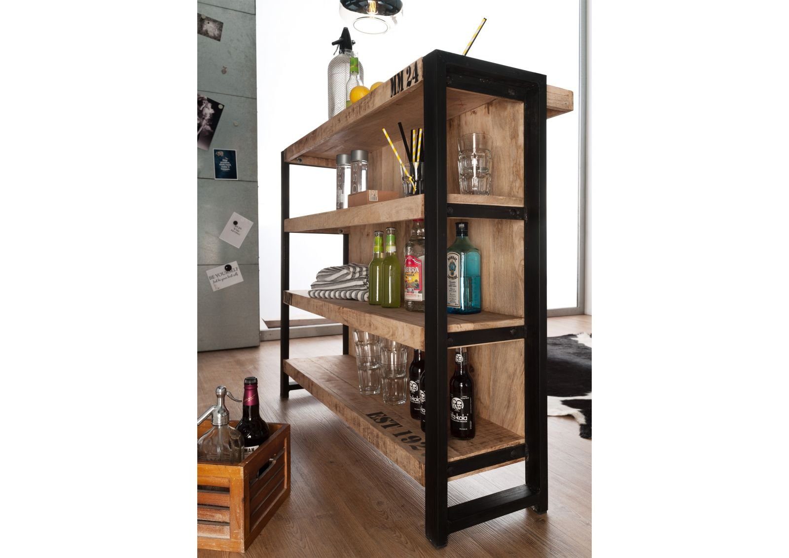 Massivmoebel24 Barschrank Bar Mango 120x45x100 natur bedruckt FACTORY #140