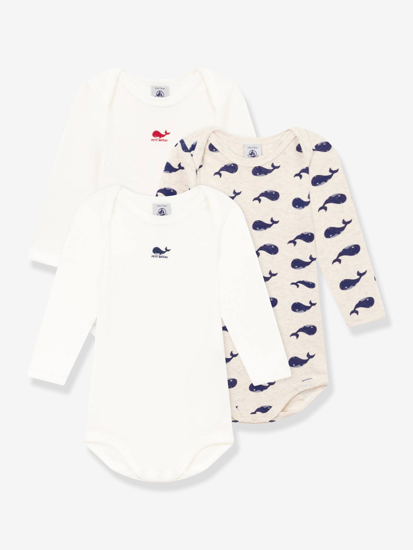 Lot de 3 bodies manches longues baleines bébé en coton PETIT BATEAU blanc