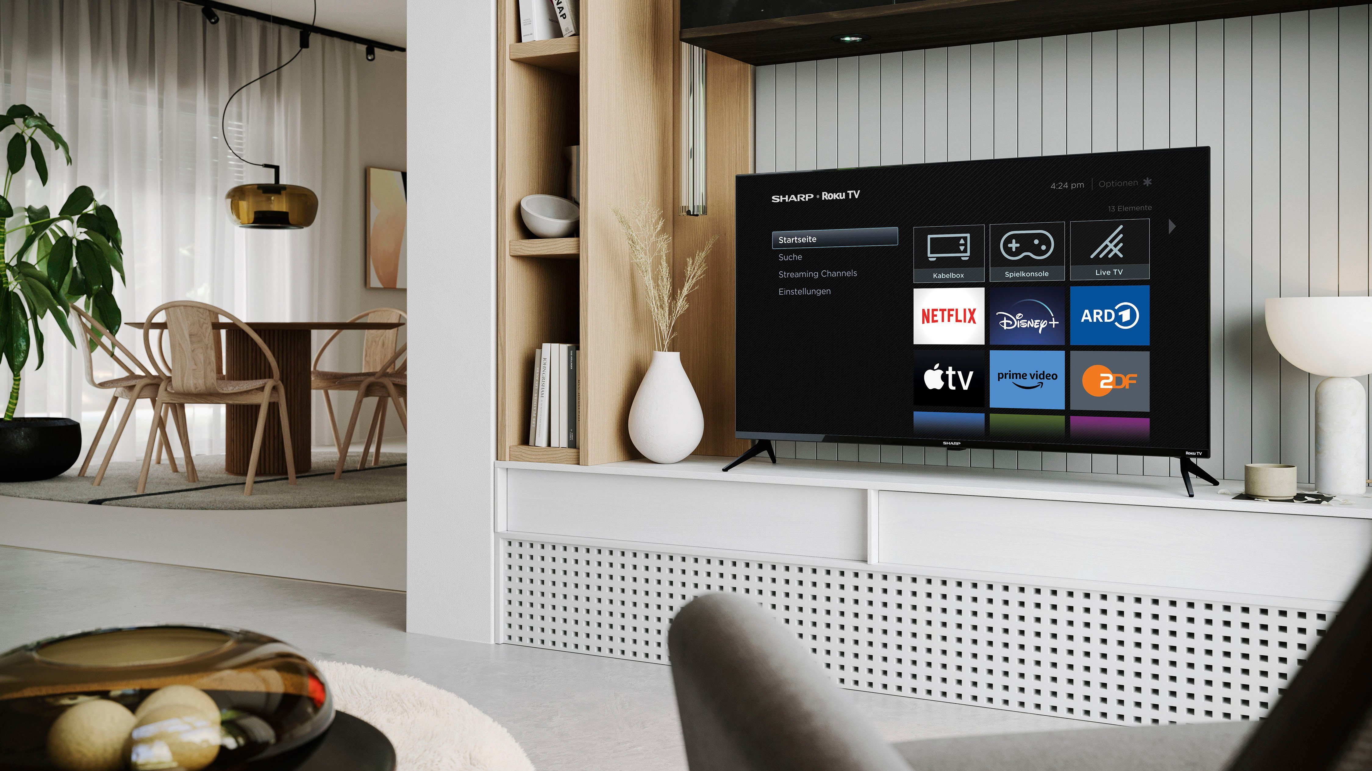 Sharp 43FJ2E LED-Fernseher (108 cm/43 Zoll, 4K Ultra HD, Smart-TV, Roku TV nur in Deutschland verfügbar, Rahmenlos, HDR10, Dolby Digital)