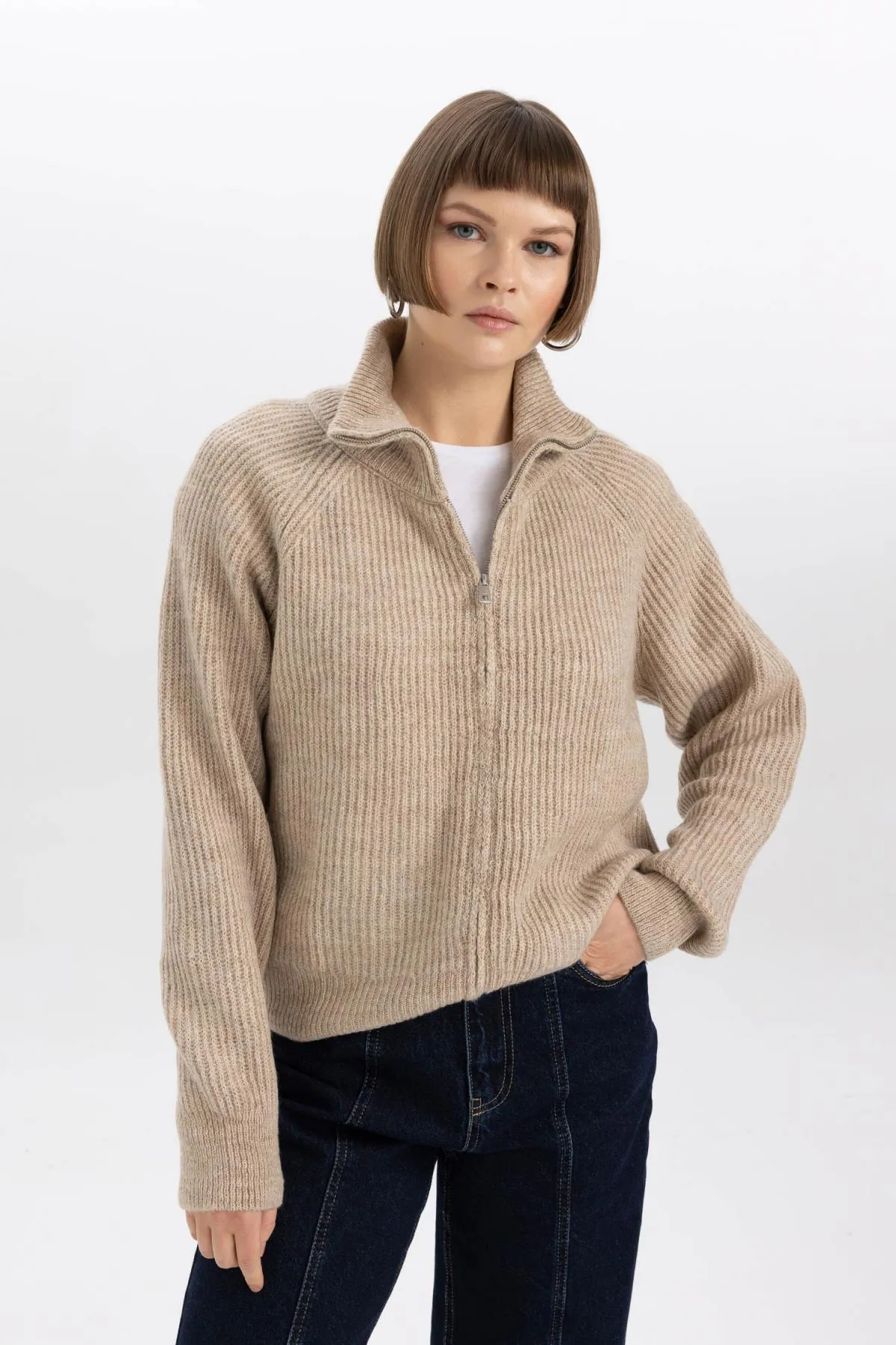 DeFacto  Strickjacke aus Selanik-Stoff mit normaler Passform und Reißverschluss