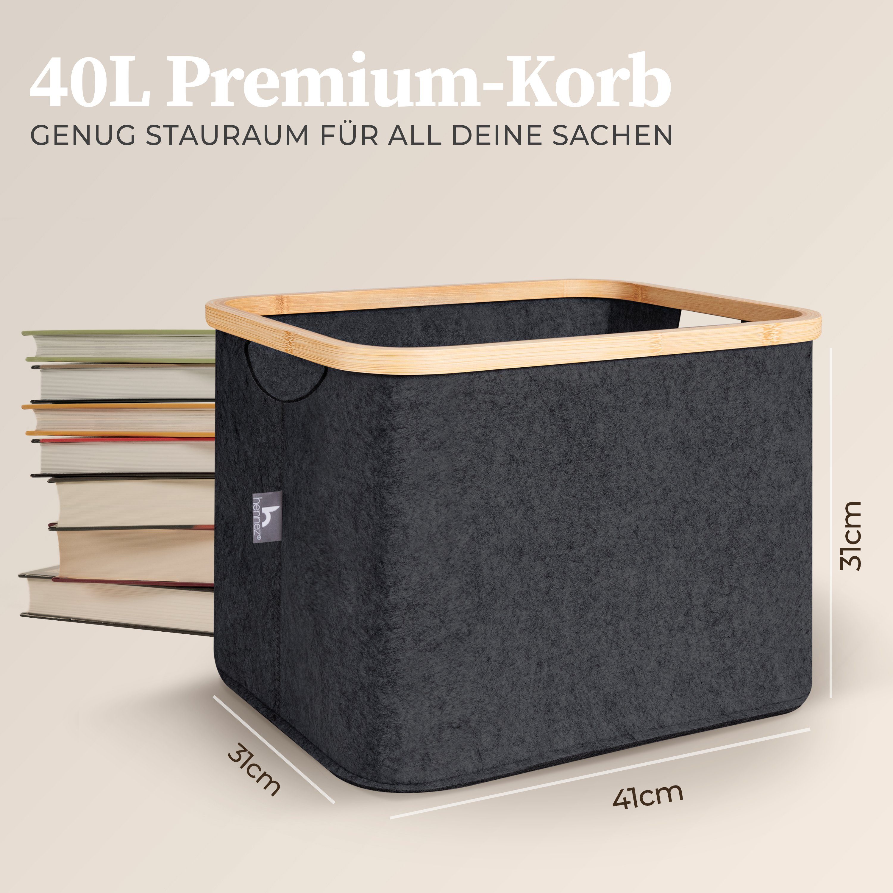 HENNEZ Wäschekorb, Aufbewahrungskorb 40l Körbe Grau kompatibel IKEA KALLAX Regal, Korb zur Holz Aufbewahrung Bambus