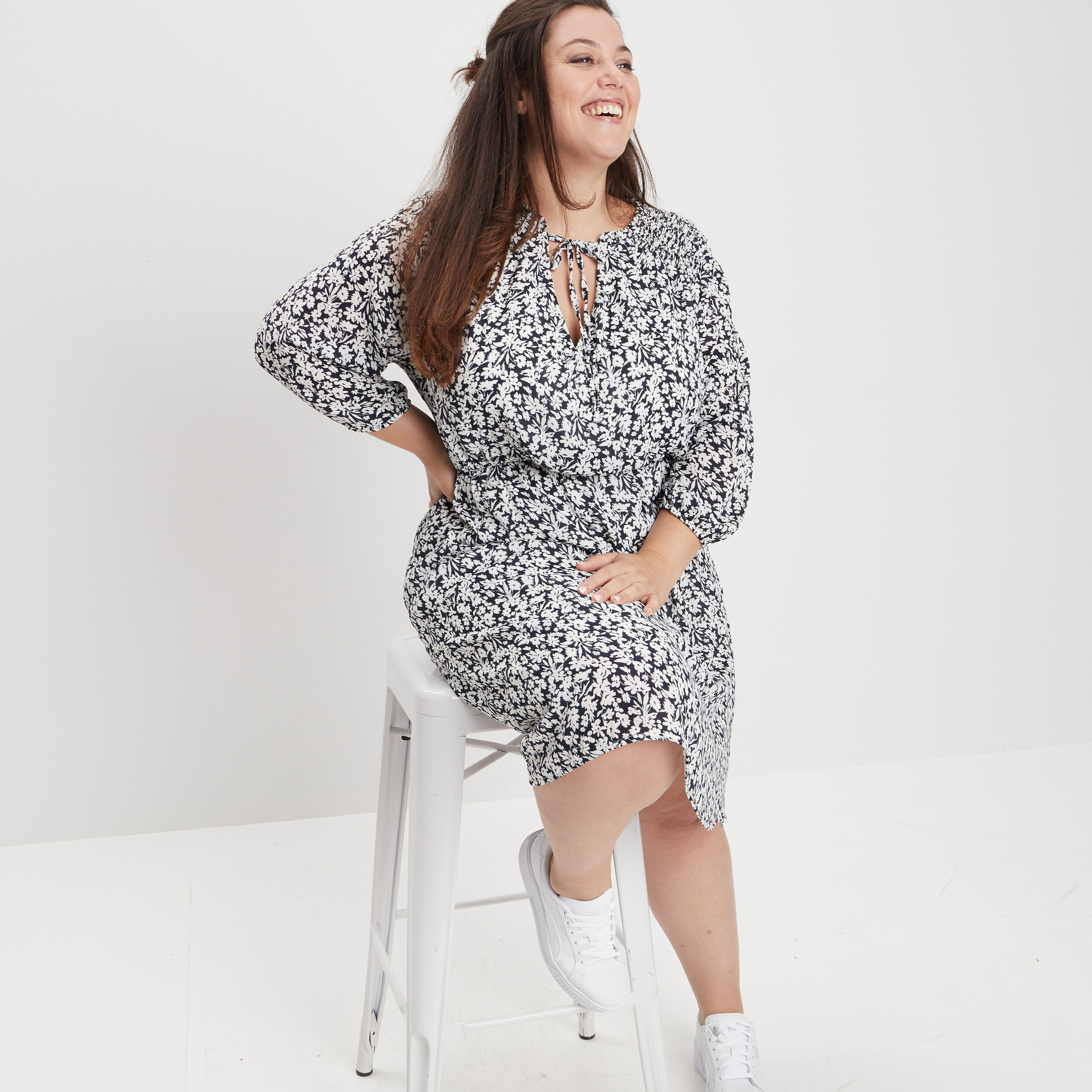 Robe évasée manches 3 4 bleu marine femme grande taille | La Halle