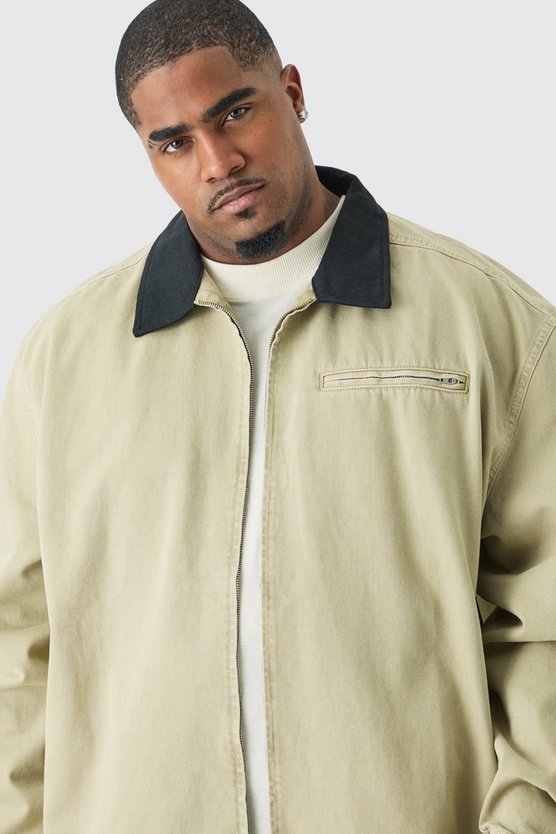 Plus Denim Harrington-Jacke mit Kontrast-Kragen