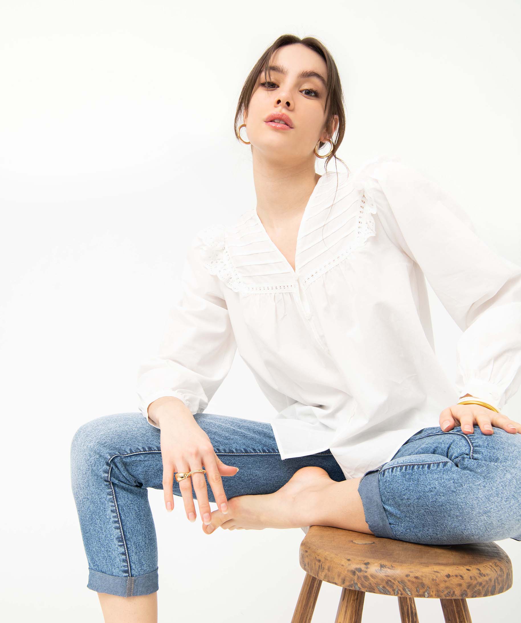 Blouse femme à boutons et plastron dentelle ecru | GEMO