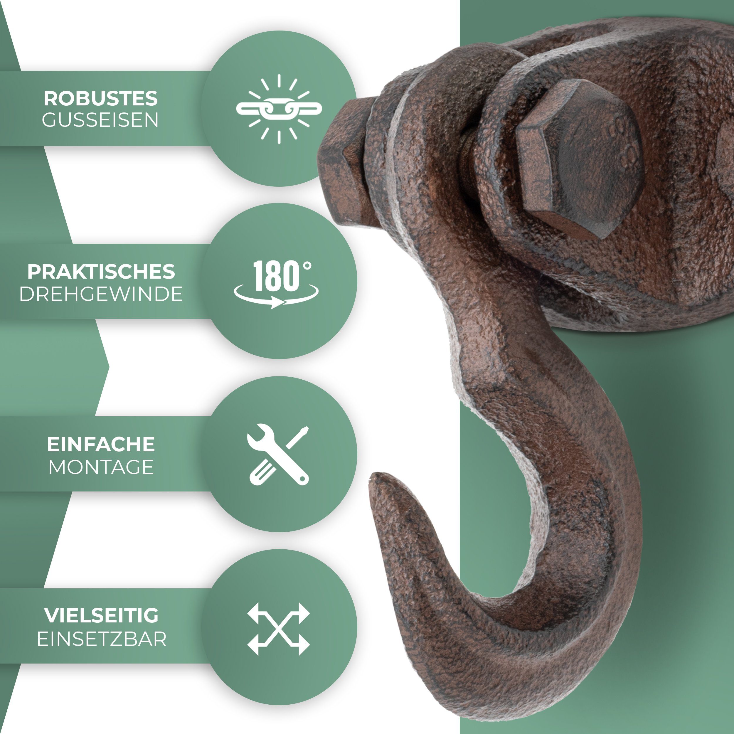 Glaskönig Garderobenhaken Rustikale Eisenhaken - bewegliche Wand und Deckenhaken - Gusseisen (traditionell gegossene Gusshaken, 2 Stück beweglich), ideal für eine DIY Befestigungslösung