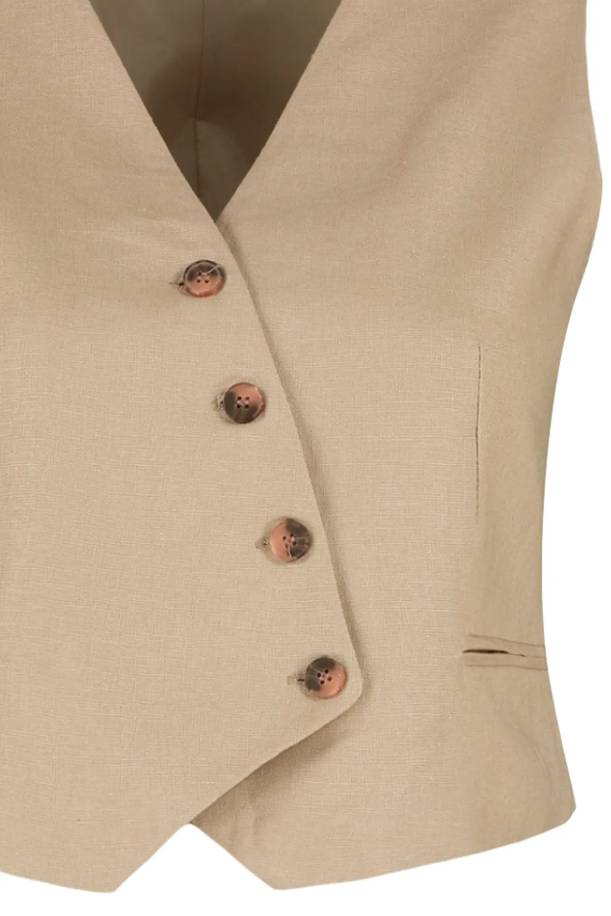 Trendyol Collection  Beige taillierte Weste mit Knöpfen und detailliertem, bauchfreiem, gewebtem Leinen-Look TWOSS23YE00016
