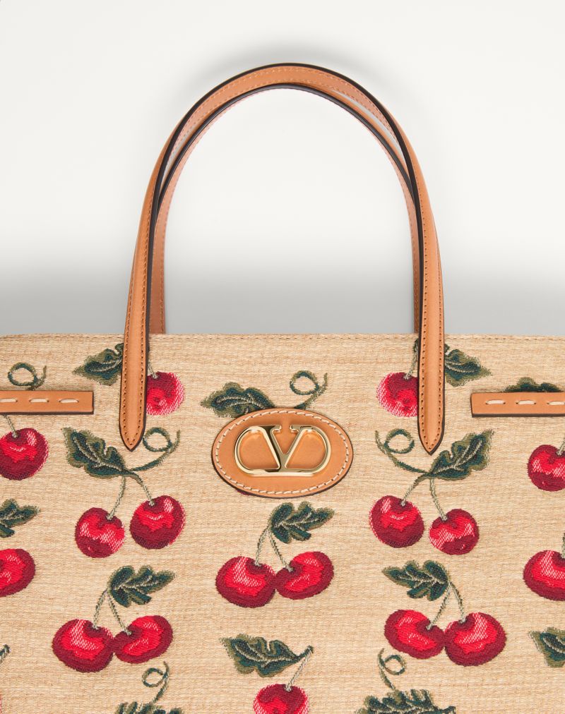 Borsa Shopping Media Valentino Garavani Antibes In Rafia Jacquard Con Motivo Cherryfic