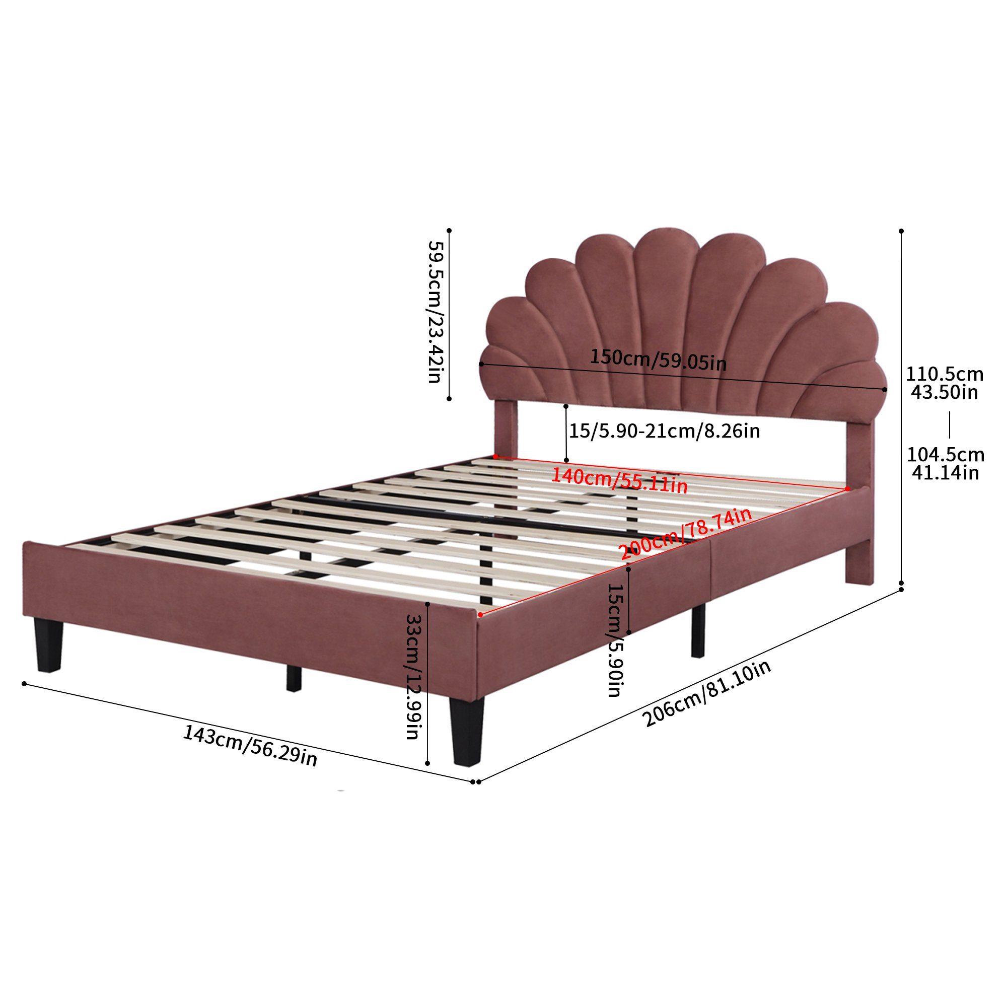 SEEZSSA Polsterbett Polsterbett 140x200cm Doppelbett Bettgestell Gästebett mit Kopfteil, Blumenform und Lattenrost, Kinderbett in hautfreundlichem Samtstoff
