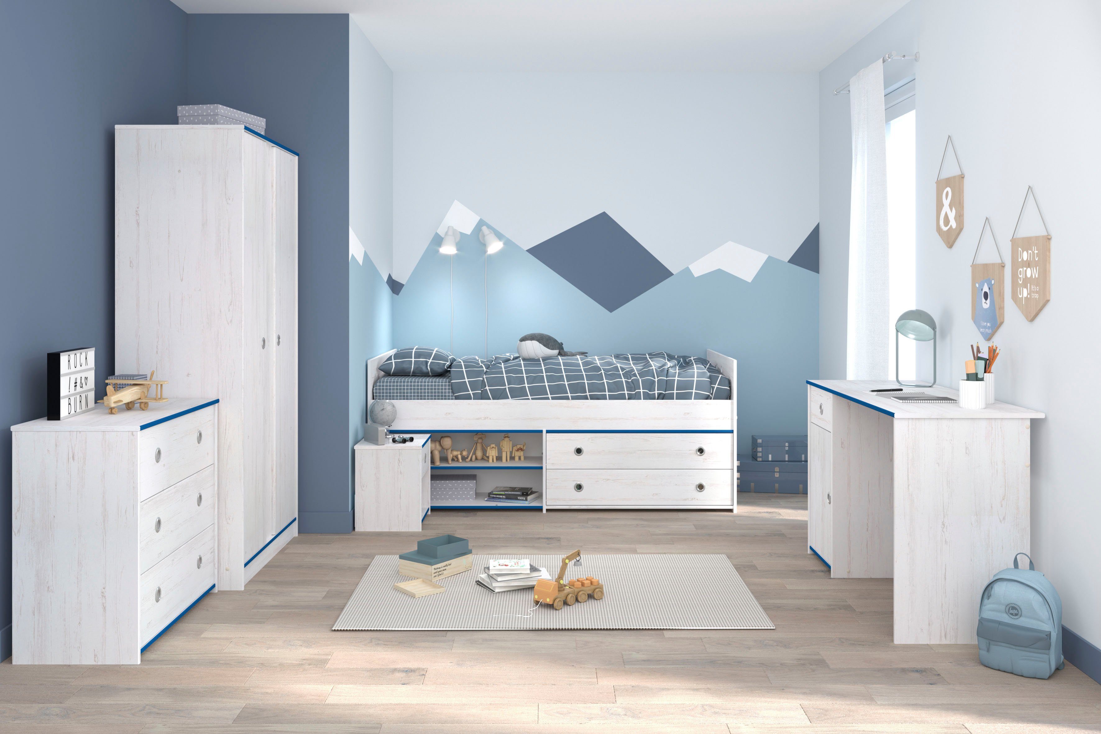 Parisot Jugendzimmer-Set Smoozy, (Set, 5-St., Stauraumbett, Nachttisch, Kleiderschrank, Schreibtisch und Kommode)