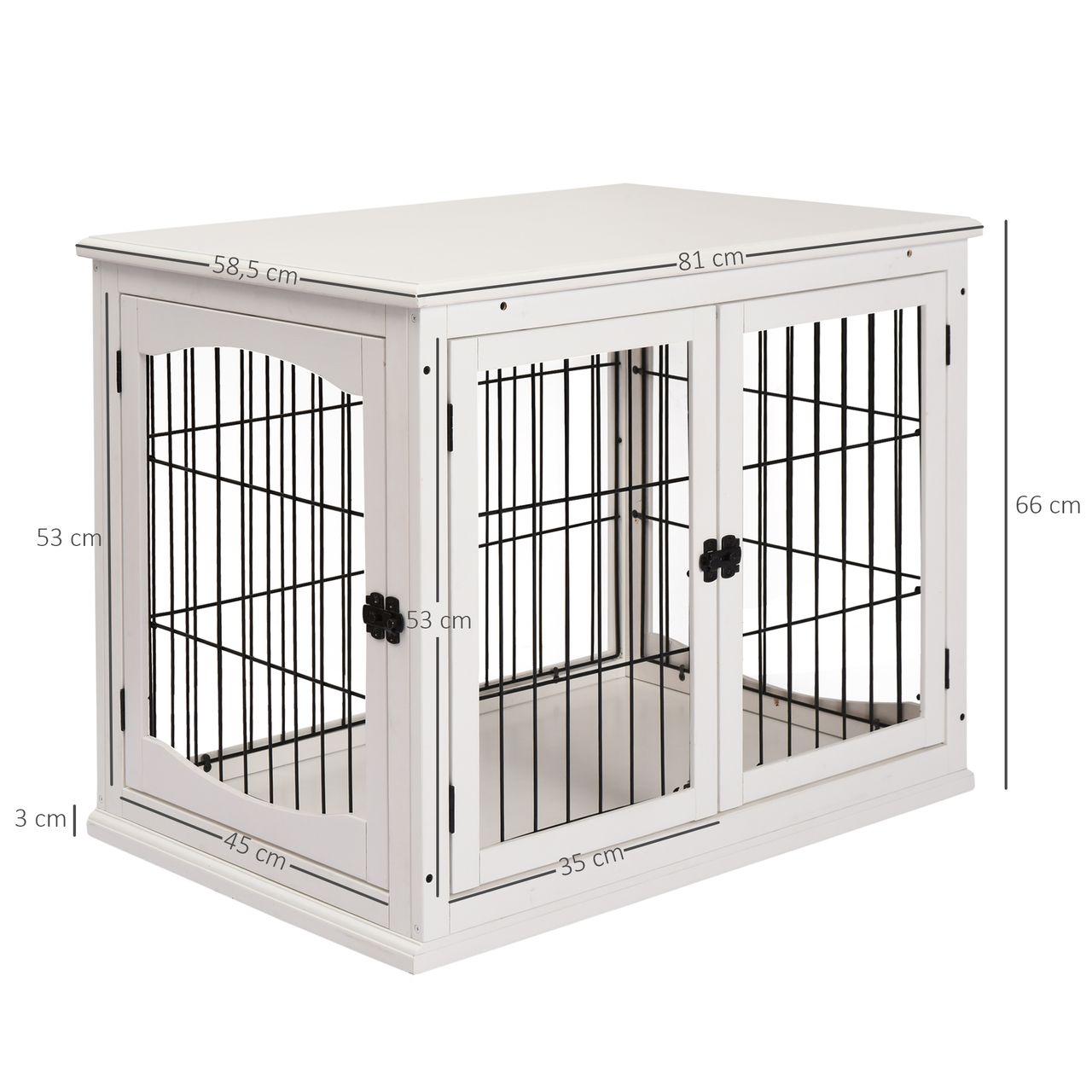 PawHut Hundehütte mit Tischoberfläche, Hundebox für innen, Hundekäfig für Zuhause, 2 Türen, Tierkäfig, Haustier, MDF, Metall, Weiß, 81 x 58,5 x 66 cm
