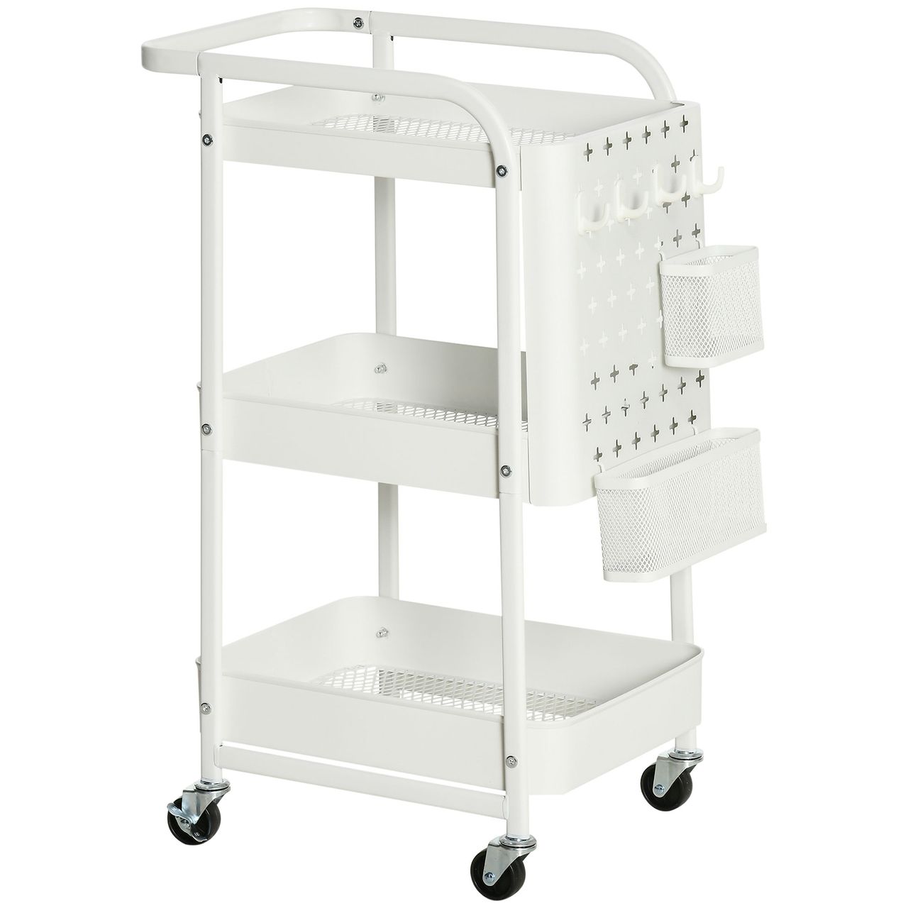 HOMCOM Rollwagen 3-Etagen Küchenwagen mit Schubladen und Korb für Küche Büro Aufbewahrungswagen Servierwagen Küchenregal mit Rollen Schlafzimmer Wohnzimmer Stahl Weiß 51,5 x 32 x 75,6 cm