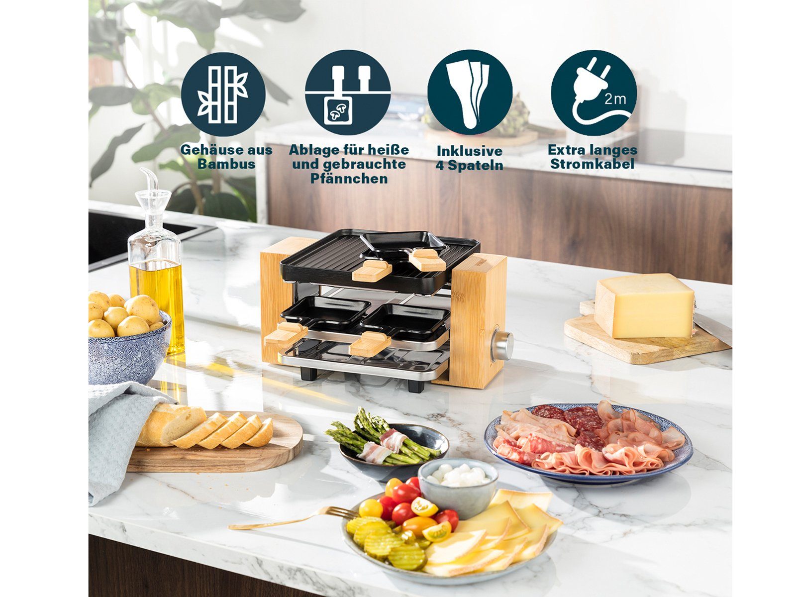 PRINCESS Raclette, 800 W, Kleiner Bambus Design Tischgrill für 2-4 Personen, Pfännchen Parkdeck