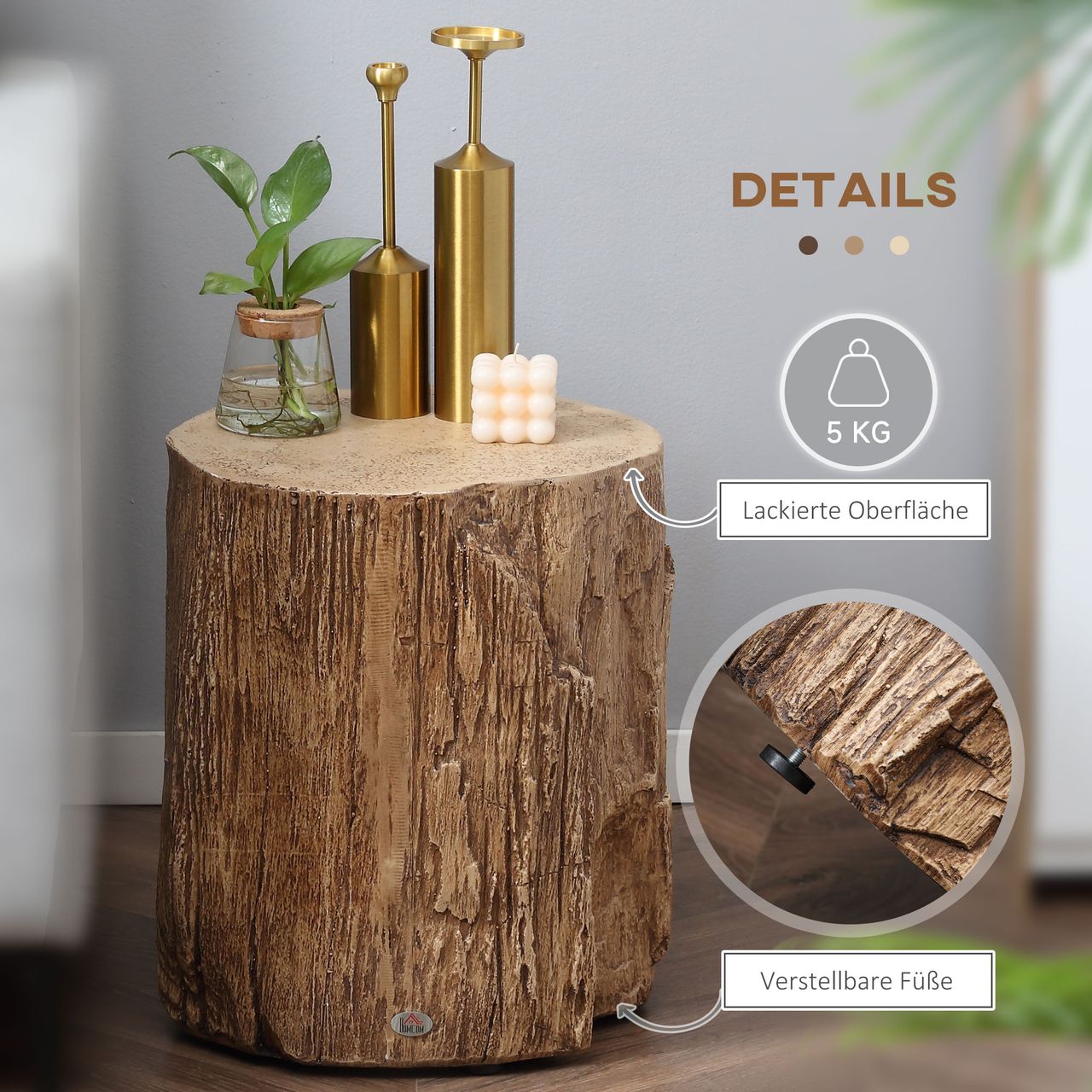 HOMCOM Beistelltisch Baumstumpf-Optik Nachttisch Baumstamm verstellbarer Couchtisch Hocker Indoor Outdoor Wasserdicht Anorganisches Erzpulver Naturholz 37 x 37 x 43 cm