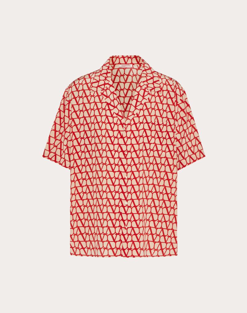 Zijden shirt met korte mouwen en een all-over iconografische toileprint.