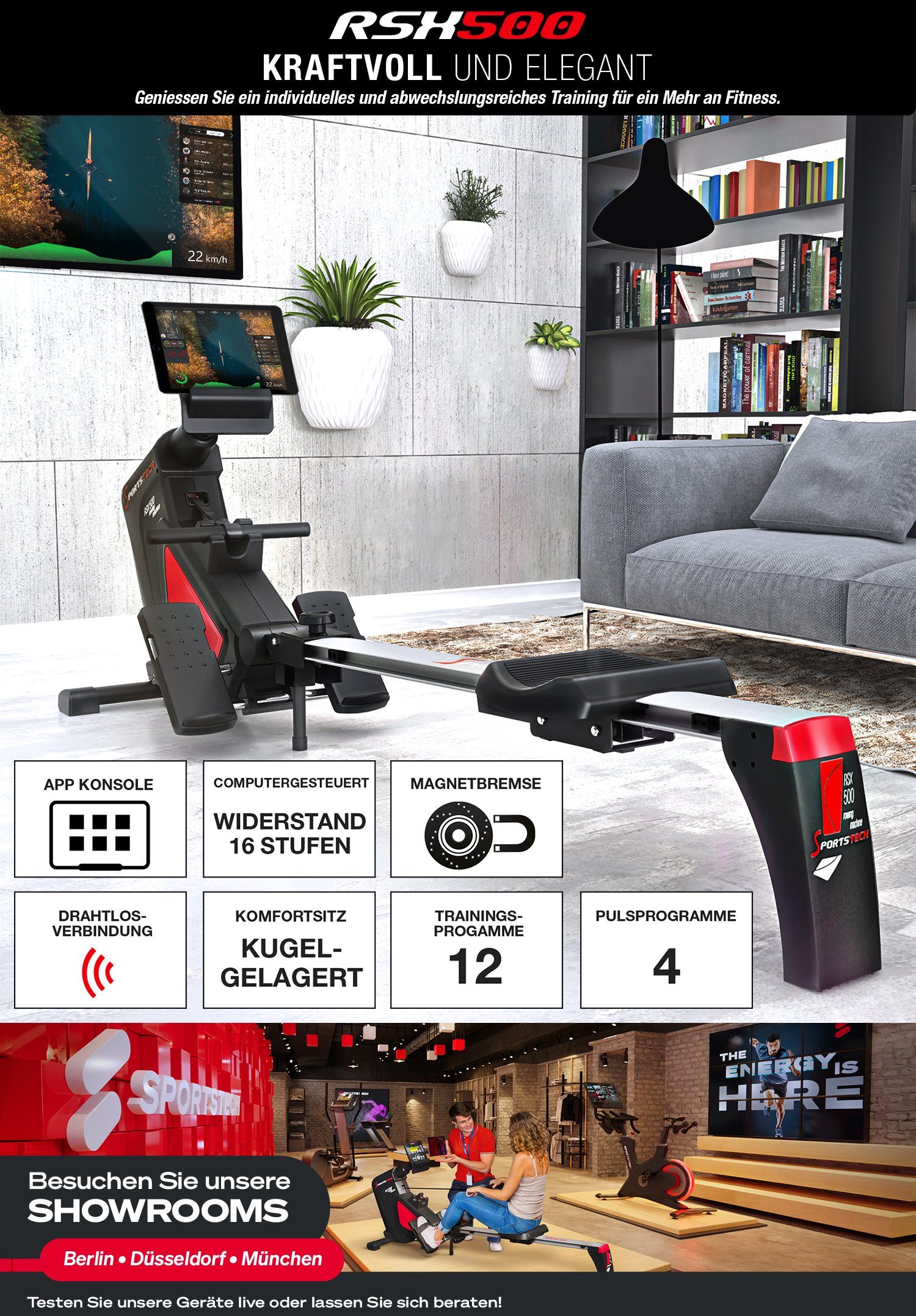 Sportstech Rudergerät RSX500, Rudergerät inkl. Pulsgurt, mit Magnetwiderstand