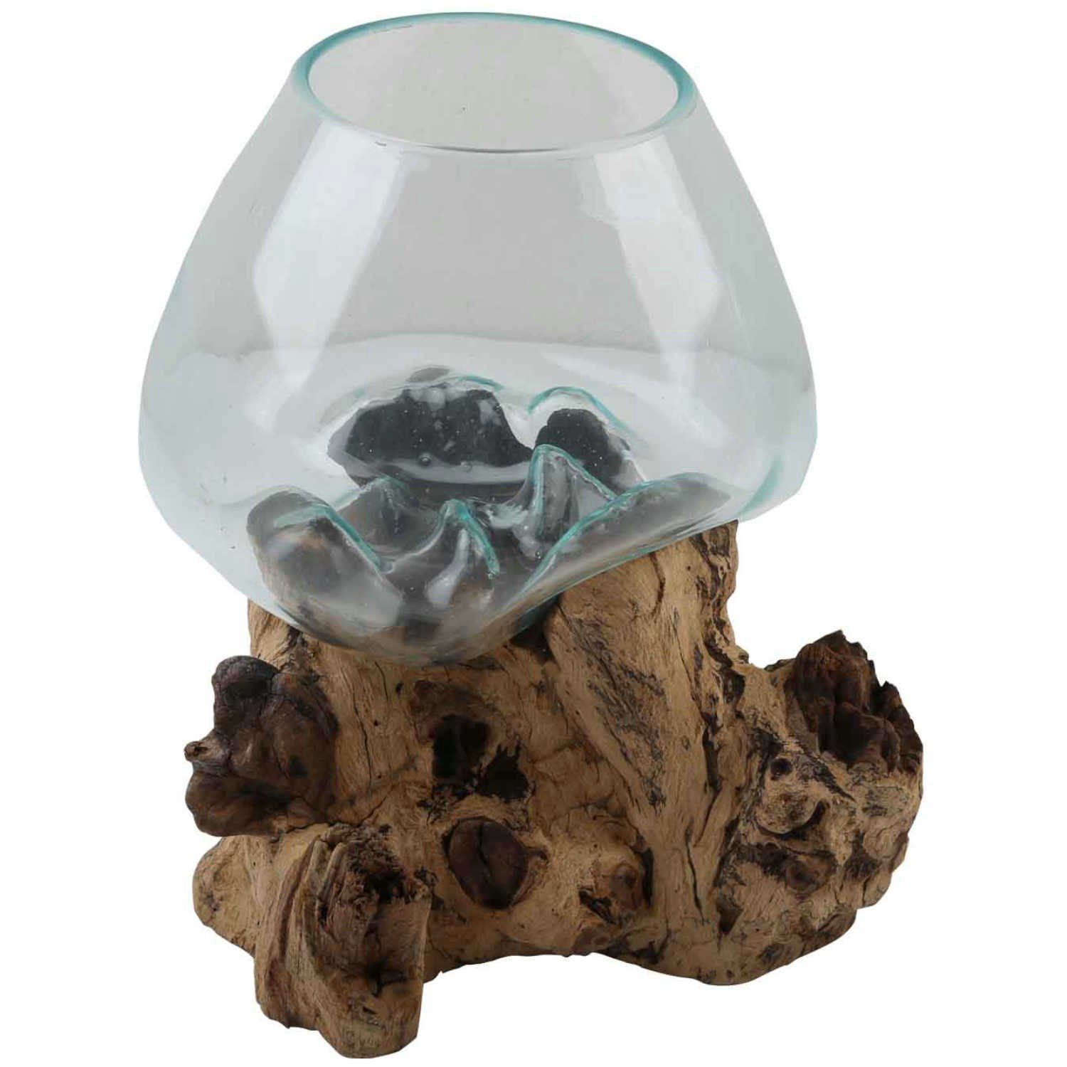 Casa Moro Dekovase Glasvase auf Wurzelholz aus Recycling Glas Ø 20cm & Teak Wurzel (einzigartige Glas Vase auf Wurzel Holz, Couchtisch Esszimmer Wohn Tisch Deko), Kunsthandwerk Pur - Jede Vase ist garantiert ein Unikat