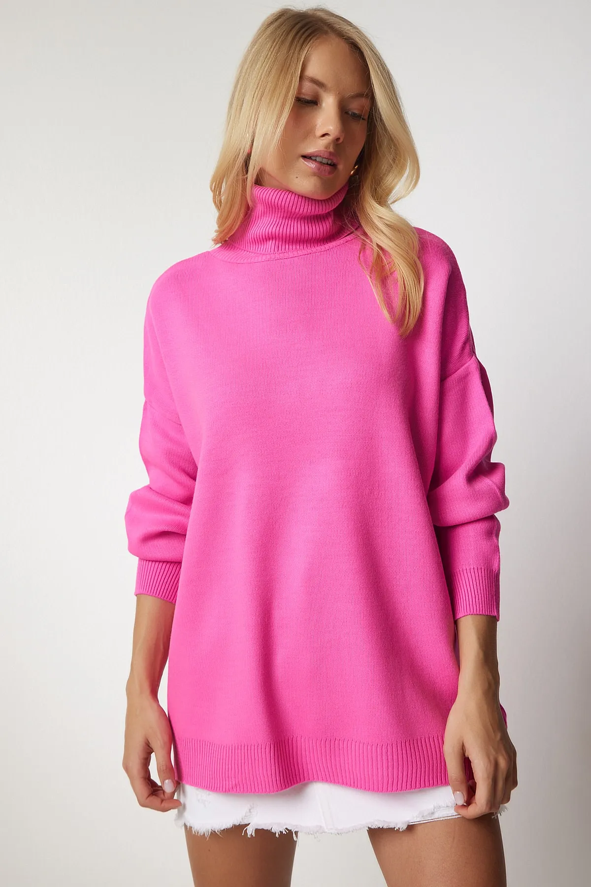Happiness İstanbul  Rosa Rollkragenpullover in Übergröße für Damen BV00084