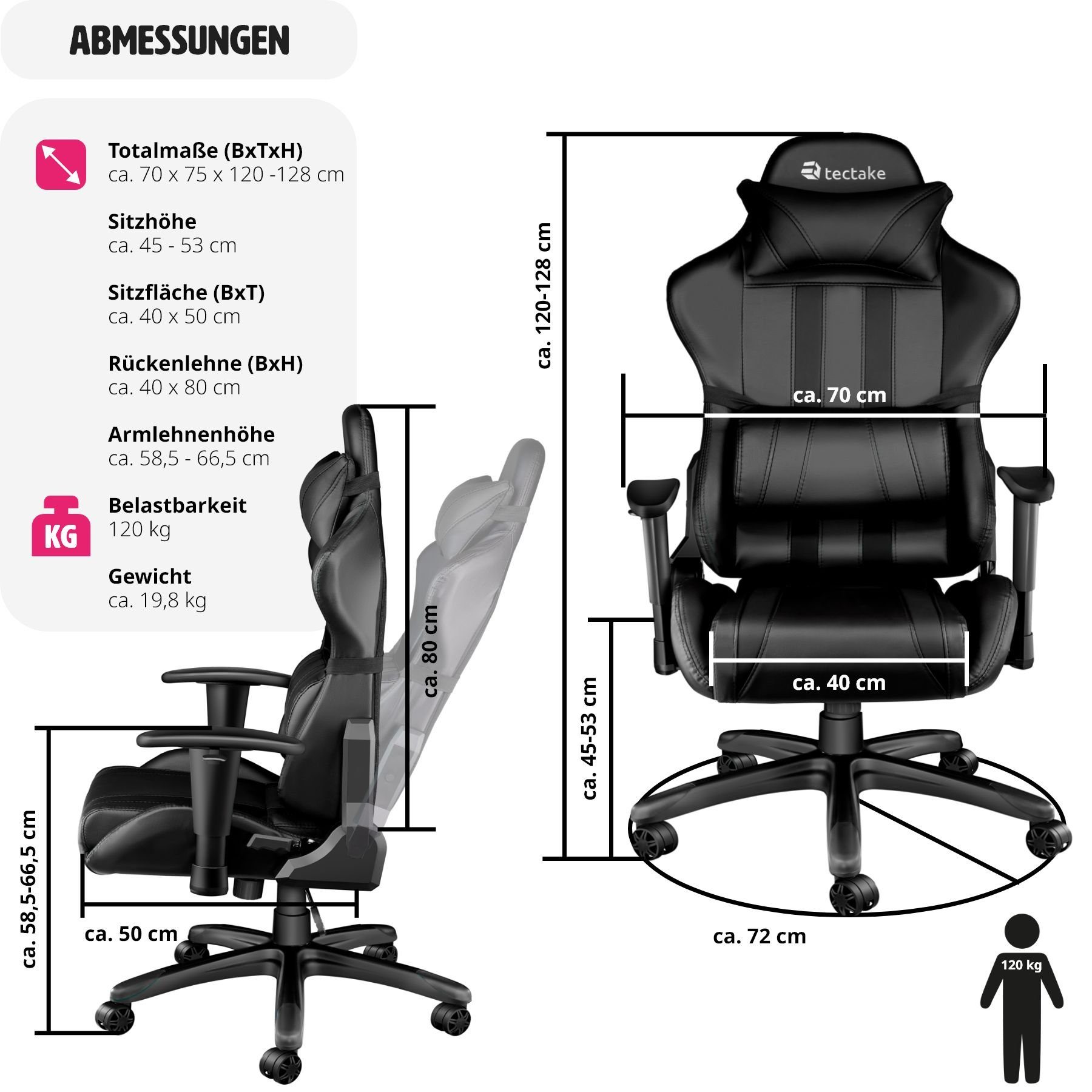 tectake Gaming-Stuhl Premium Racing Bürostuhl mit Streifen (1er, 1 St), Rückenlehne bis 105° verstellbar