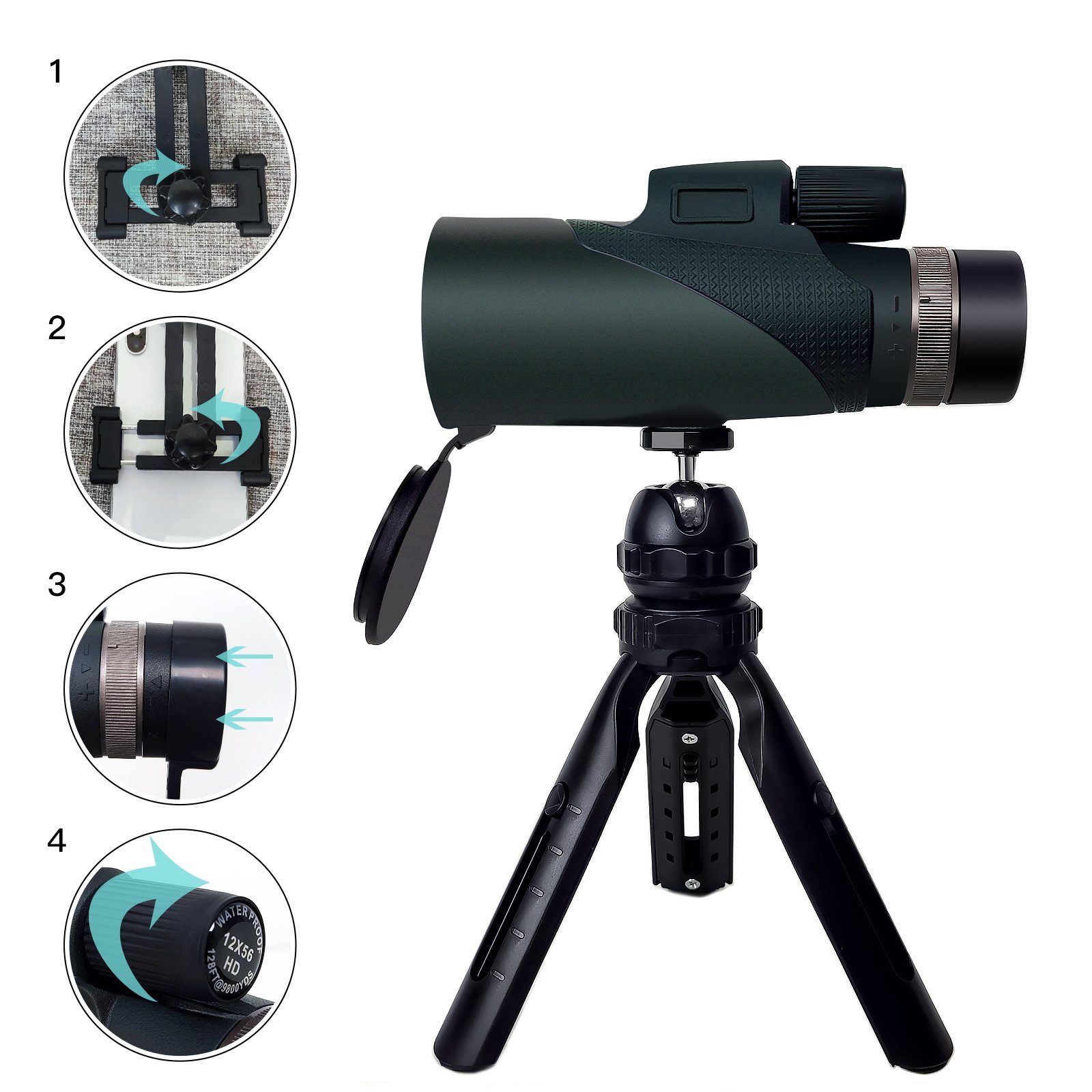 Aoucheni Teleskop Monokular Teleskop Fernrohr 12x56 HD mit Smartphone Halterung Stativ
