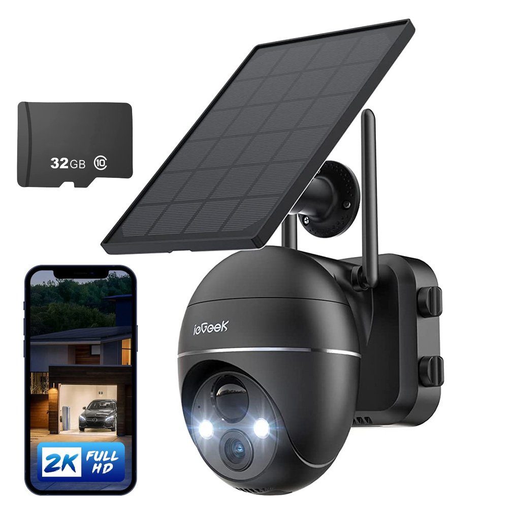 ieGeek 2K Solar WLAN Überwachungskamera Aussen Akku 355°/140° Pan Tilt IP65 Überwachungskamera (AuBenbereich, intelligenten KI-Algorithmus,4x Digitalzoom,Unterstützt Android/IOS und Tablet-Zugriff, Kabellose,20m Farbnachtsicht,PIR Bewegungsmelder,Sir