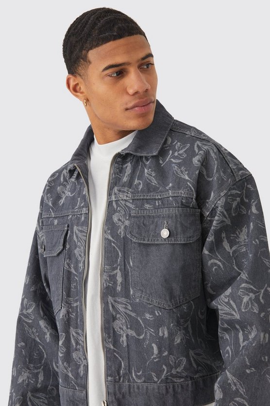 Kastige Jeansjacke mit Reißverschluss und Laser-Print