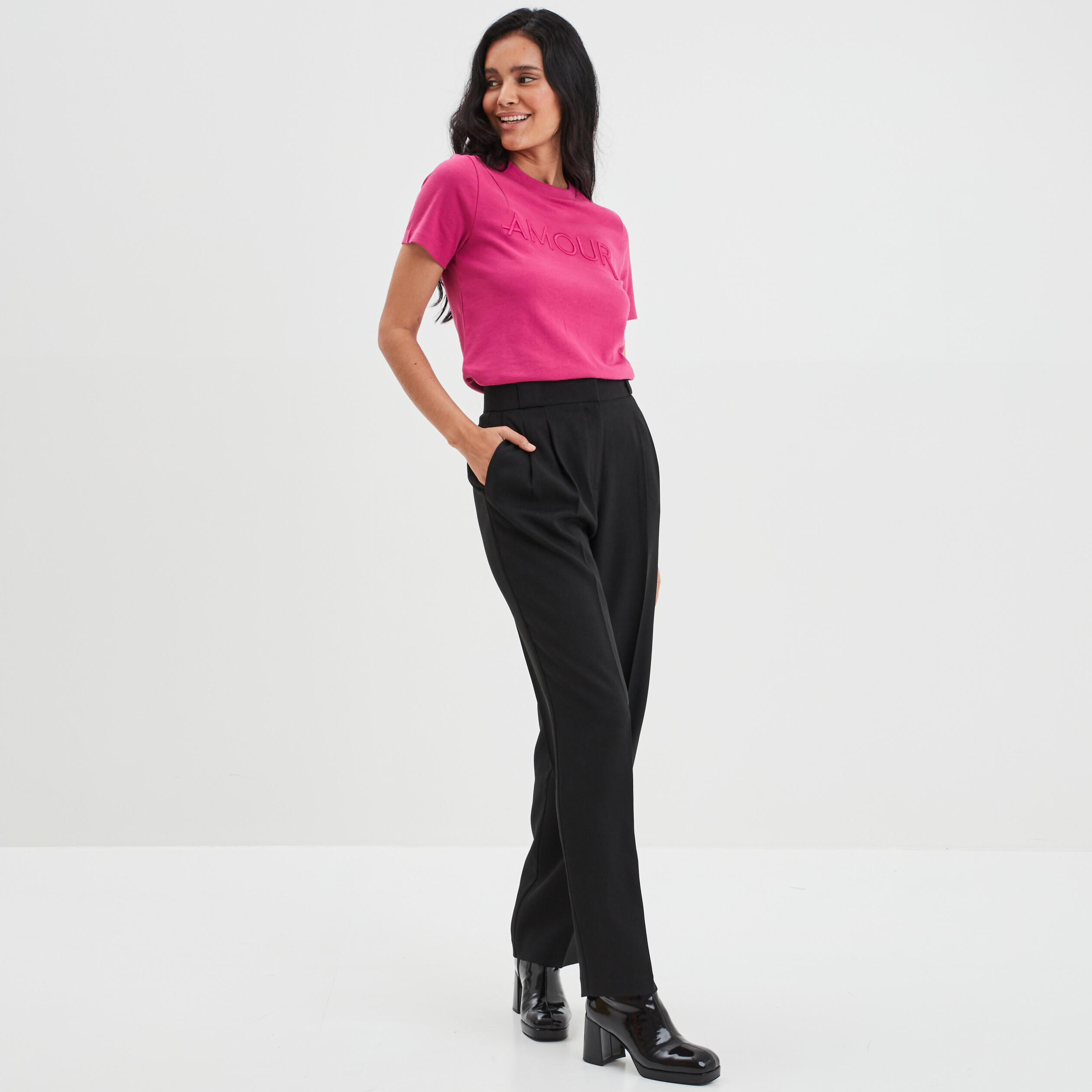 T-shirt droit manches courtes rose fushia femme | La Halle
