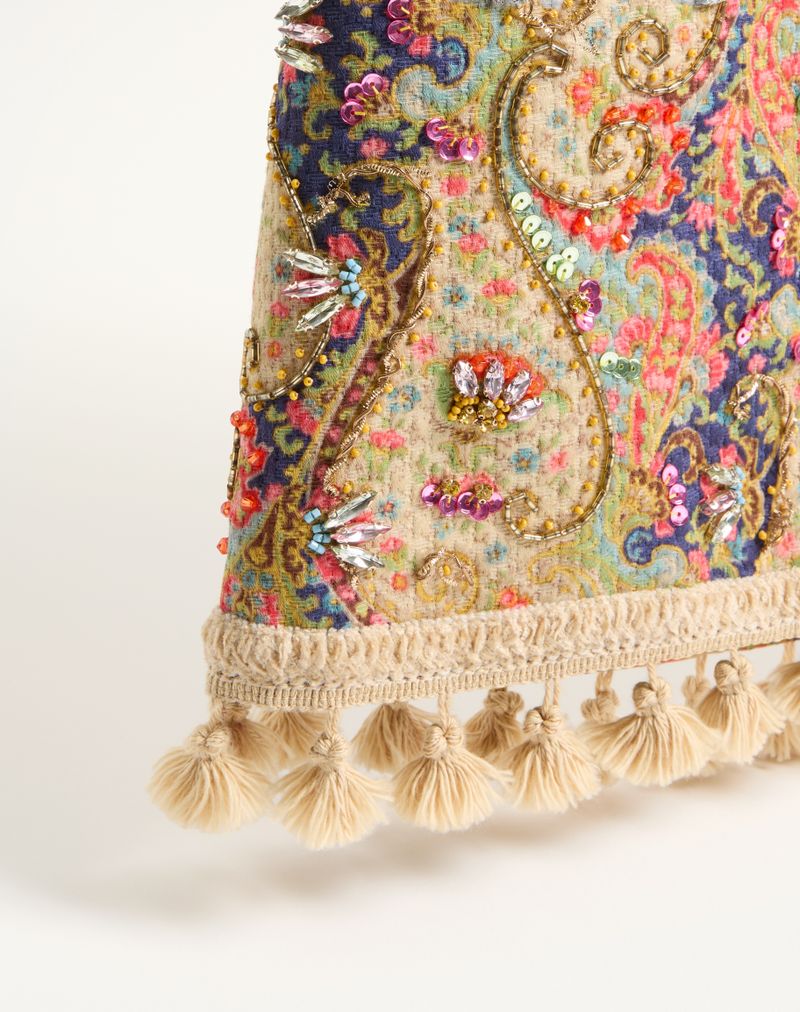 Saia curta bordada em piqué com estampa de cashmere Voyage Imaginaire.