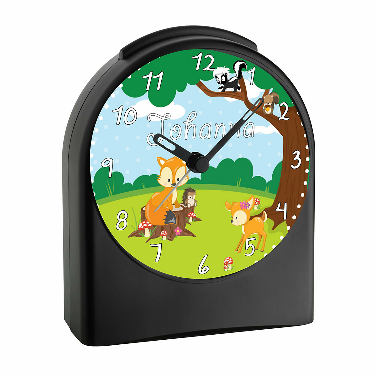 Kinder Funkwecker personalisiert mit Namen Waldtiere Atom-/Funkuhr, 12-Stunden-Anzeigeformat, Schlummerfunktion, Nachtlicht, Geräuschlos/Ohne Ticken