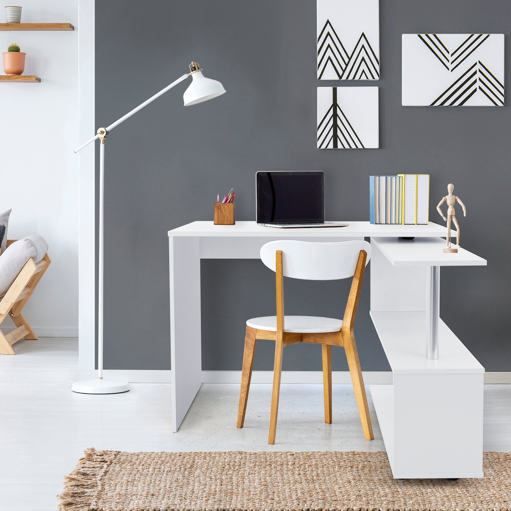 ML-DESIGN Schreibtisch Eckschreibtisch L-Form Arbeitstisch Bürotisch Computertisch PC Tisch, Drehbar mit 4 Rädern Weiß glänzend 150x88x75cm für Heim und Büro