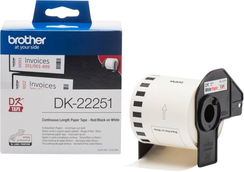 Brother DK-22251 kontinuierliche Länge Papierrollenetiketten Selbstklebend Schwarz/Rot Druck auf Weiß 62 mm x 15,24m