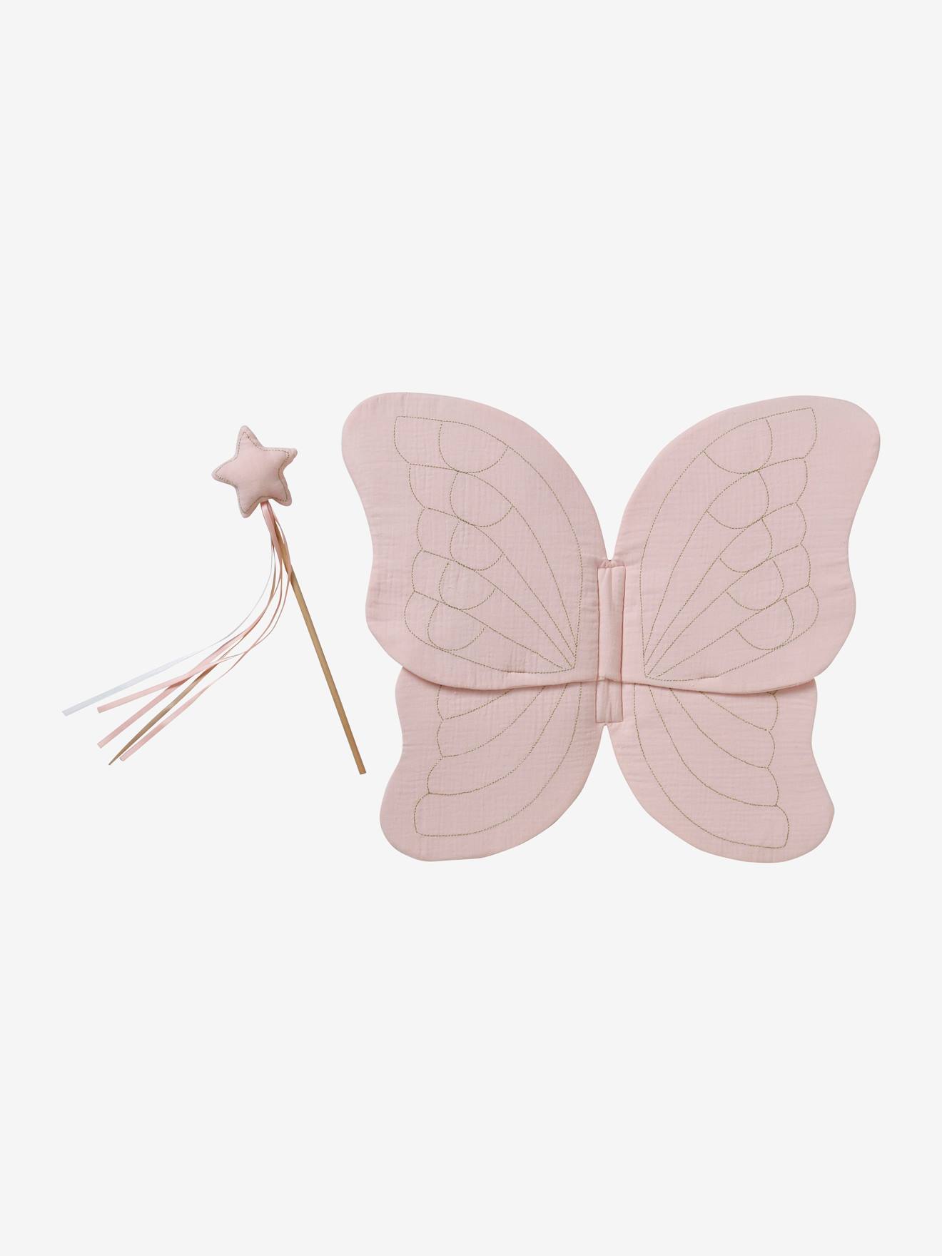 Ailes de papillon en gaze de coton + baguette magique rose