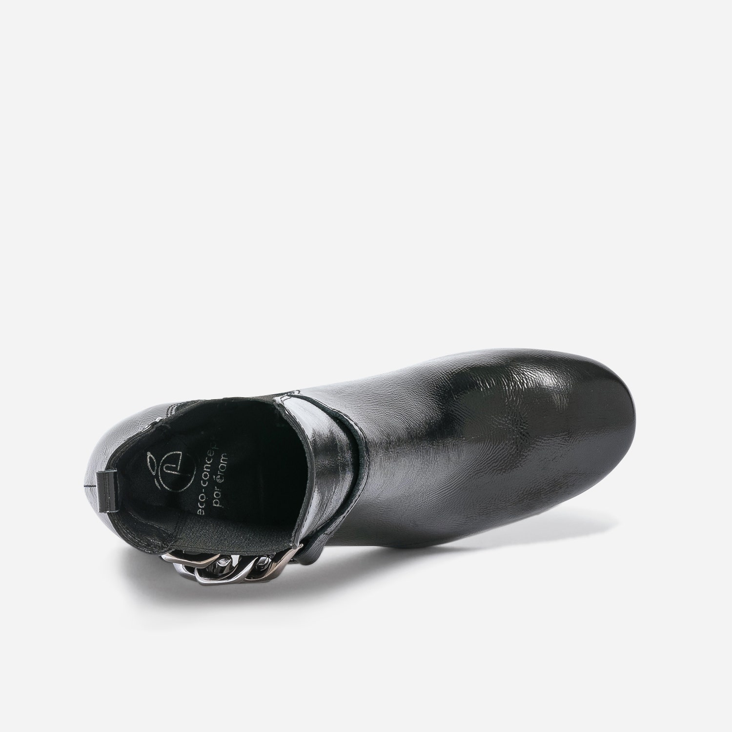 Chelsea boots noir verni éco-conçu avec chaîne