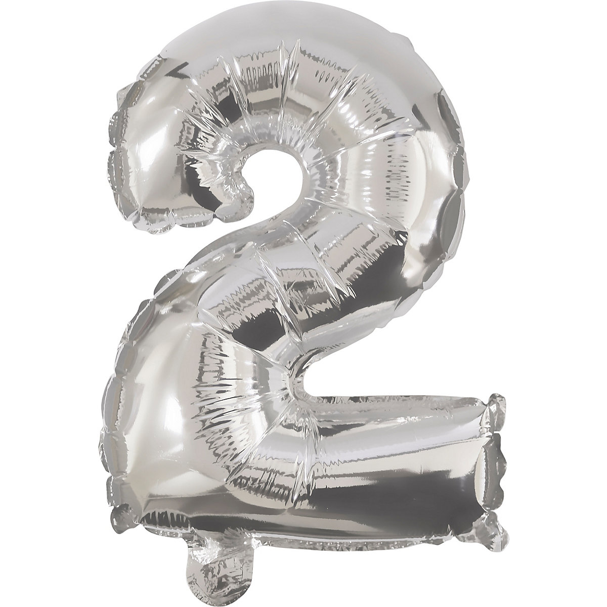 Folienballon Zahl 2 silber, 32 cm, inkl. Pustehalm