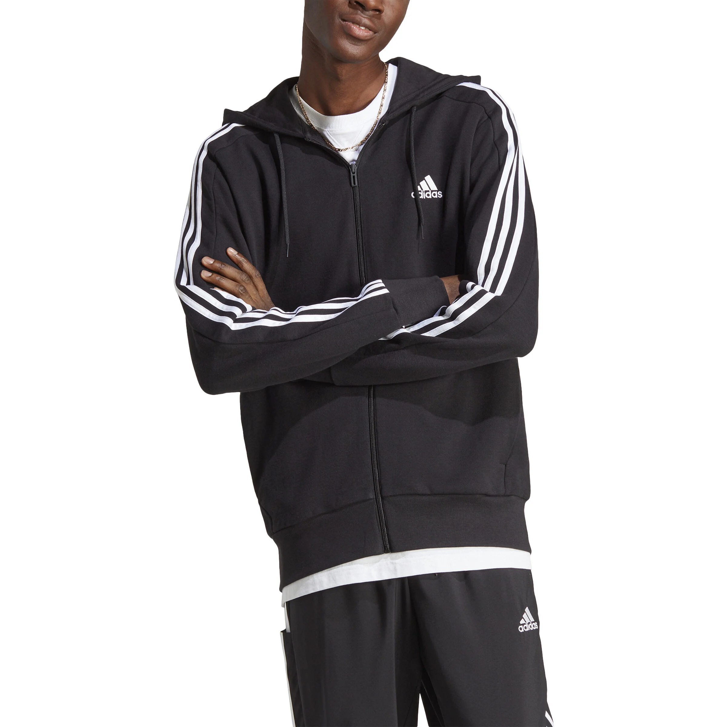 Essentials French Terry 3-Stripes Full-Zip Sweatjacke Herren - Schwarz, Weiß