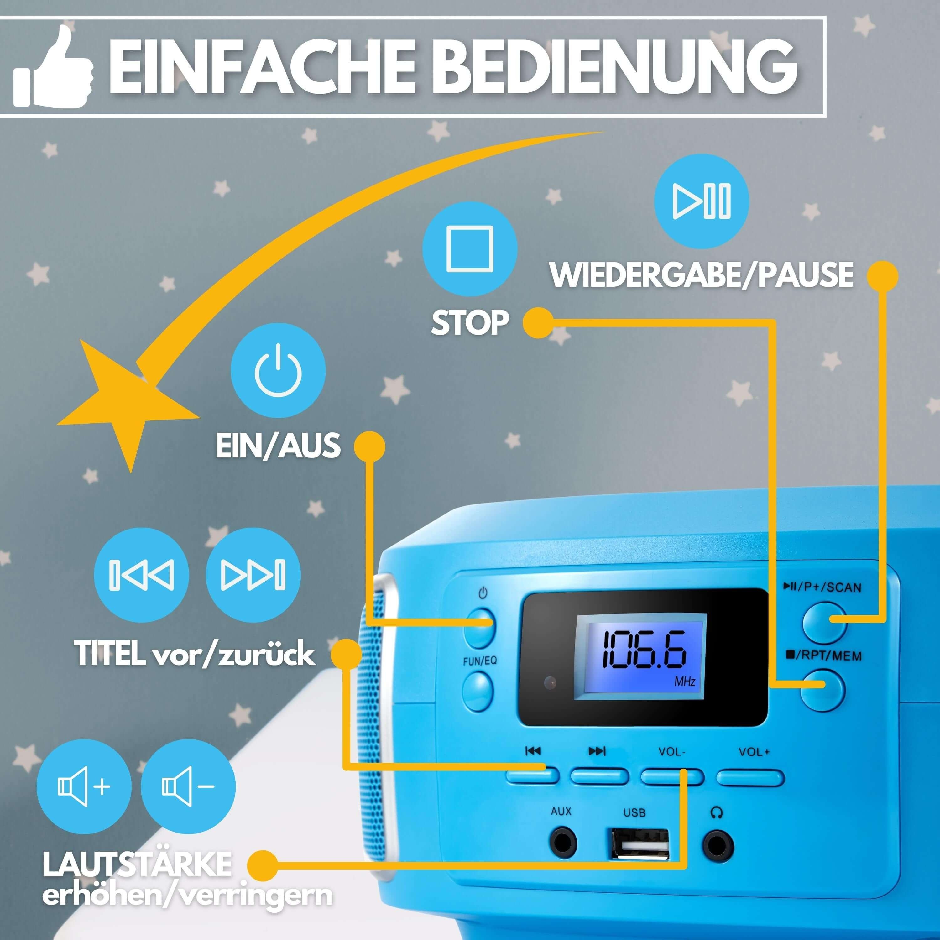Cyberlux CL-930 tragbarer CD-Player (CD, Kinder CD Player tragbar, Boombox, Musikbox, FM Radio mit MP3 USB)