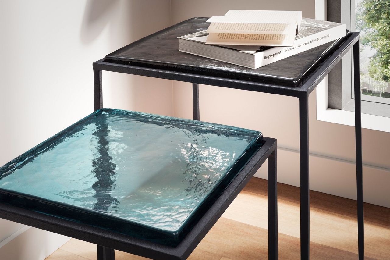Wohnling Satztisch Glas Metall Blau Schwarz