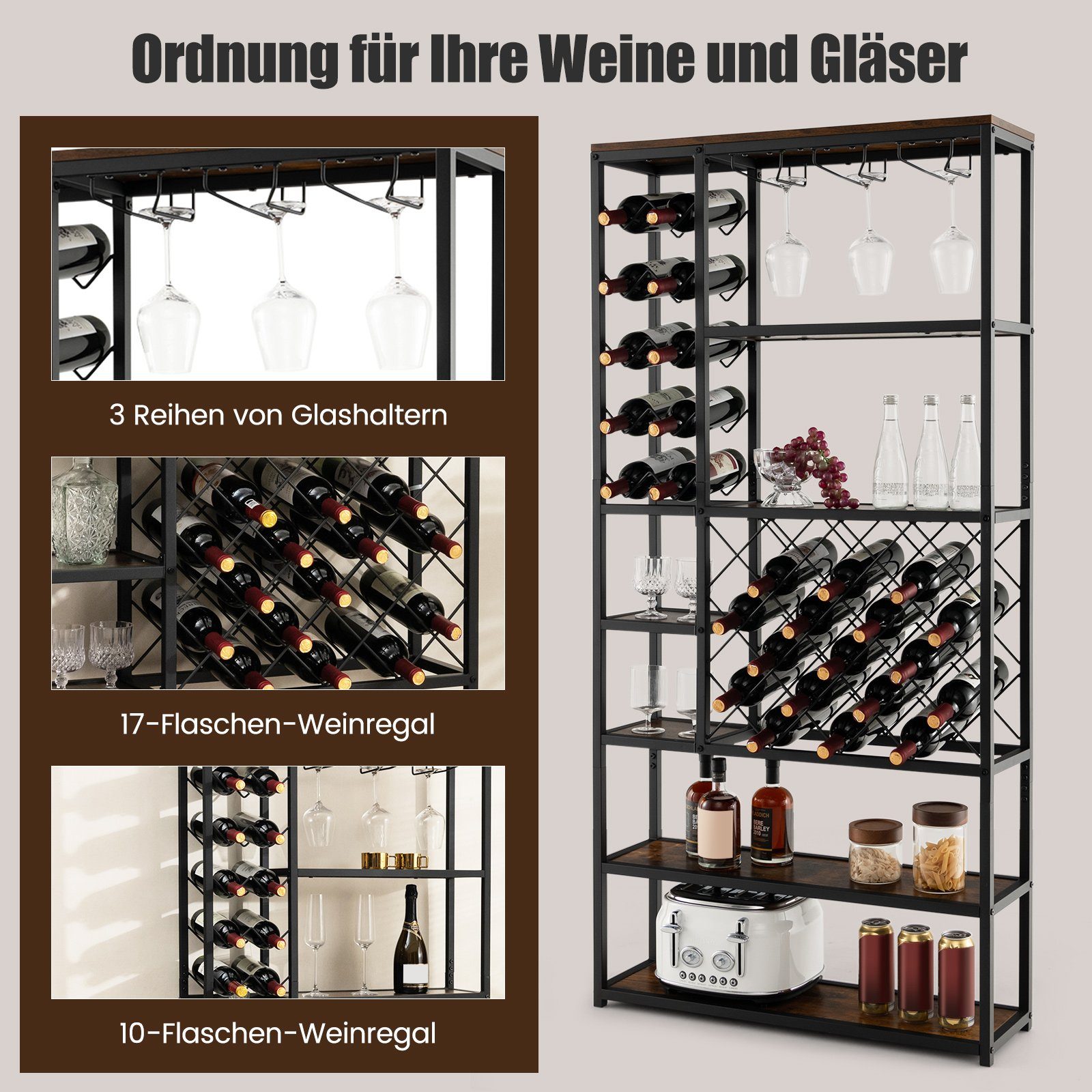 COSTWAY Weinregal, stehend, Metall, für 27 Flaschen, mit Glashaltern & Regal