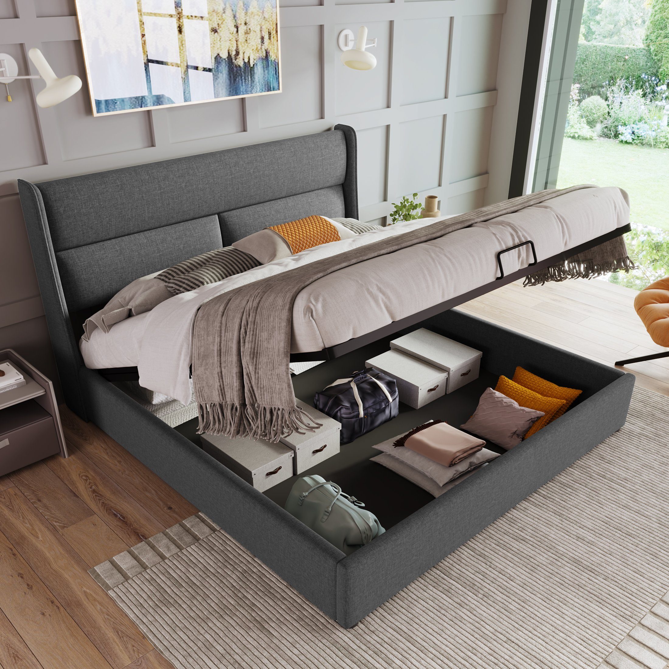 REDOM Polsterbett Doppelbett mit Verstellbare Kopfstützen (140x200 mit lattenrost(Ohne Matratze), Stauraumbetten Bettgestell aus Leinenmateria