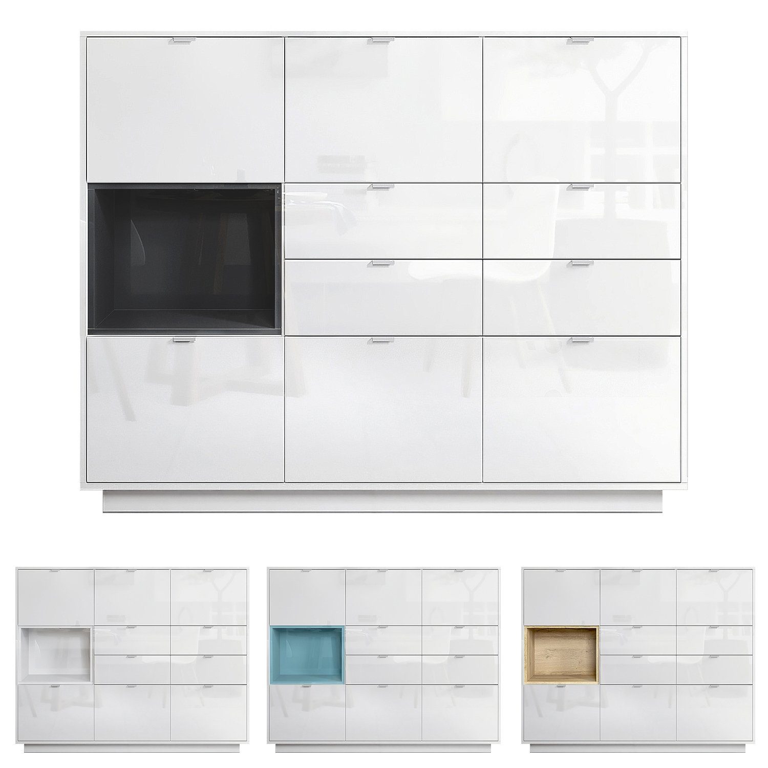 Vladon Highboard Metro (Highboard, mit 6 Türen, 4 Schubladen und 1 offenem Fach), Weiß Hochglanz (153 x 123 x 38 cm)