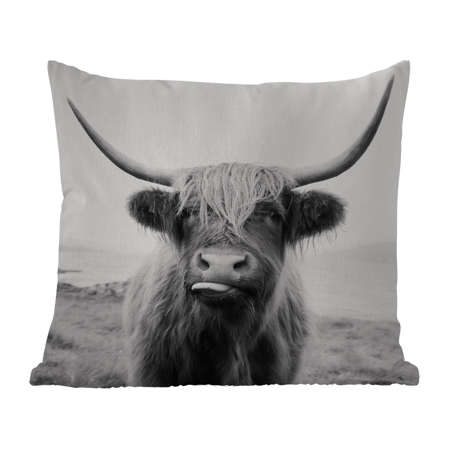 MuchoWow Dekokissen Tiere - Schottischer Highlander - Kuh - Schwarz - Weiß, Kissenbezüge, Kissenhülle, Dekokissen, Dekokissenbezug, Outdoor