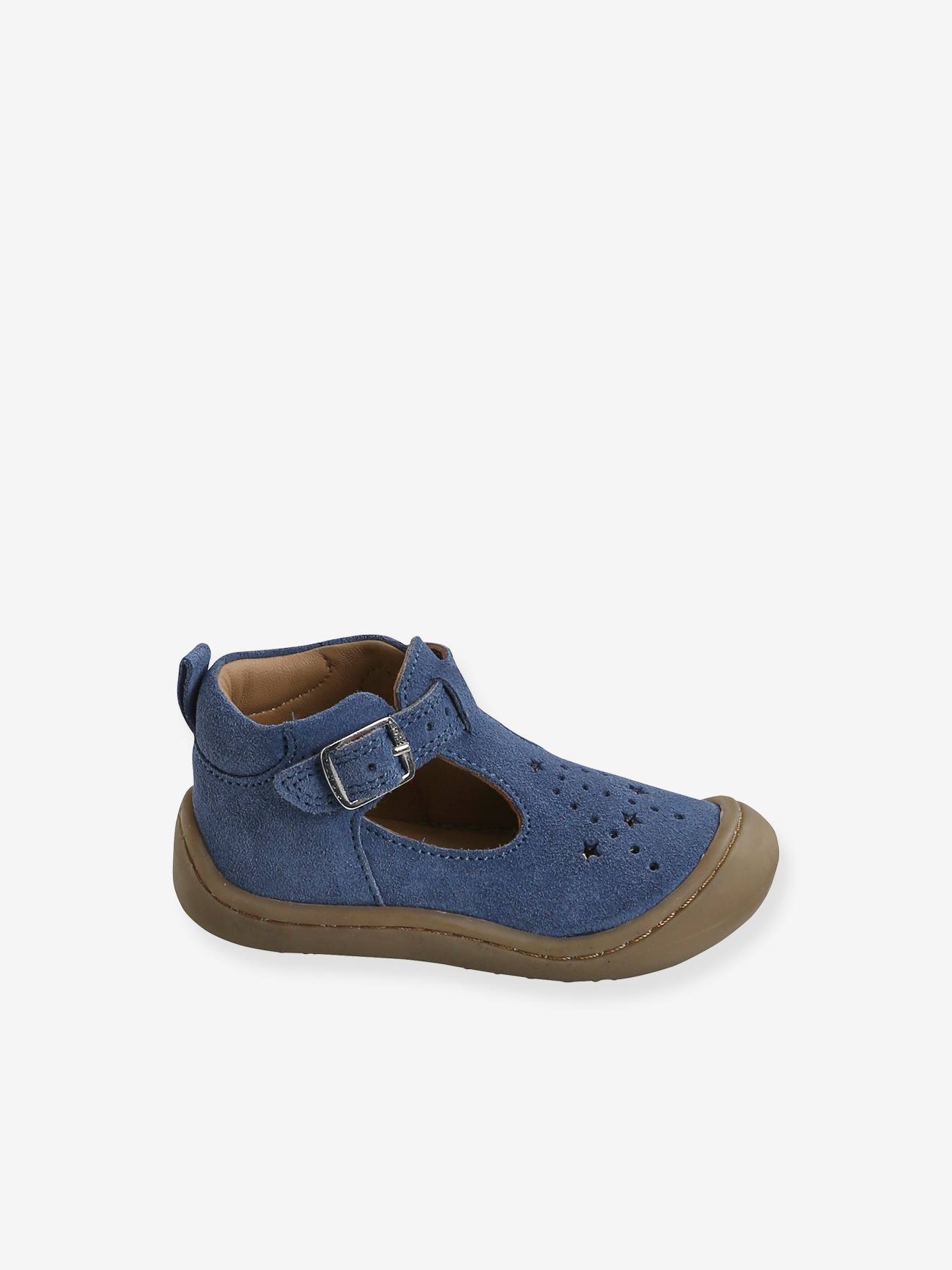 Salomés cuir souple bébé 4 pattes bleu jean
