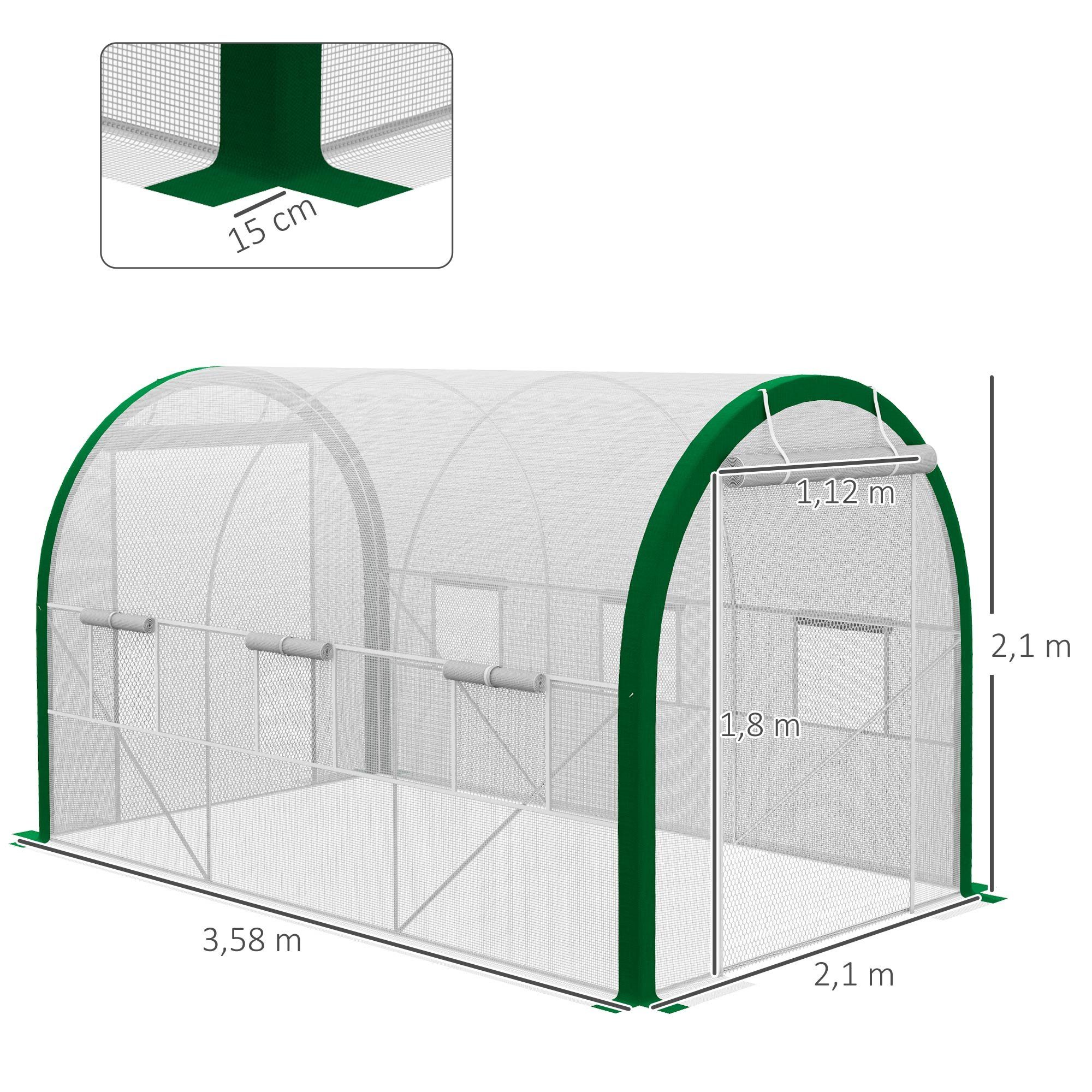 Outsunny Foliengewächshaus Tunnel Gewächshaus mit Rolltür Treibhaus Pflanzenhaus mit Fenster, BxTxH: 358 x 210 x 210 cm, BxLxH: 210 x 358 x 210 cm, 1 mm Wandstärke, Gewächshaus 1-St., Tomatenhaus, für Garten, Balkon, Verzinkter Stahl, Weiß