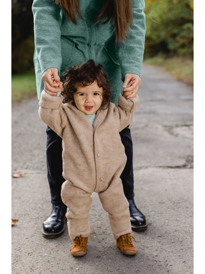 Kinderhaus Blaubär Baby-Overall mit Kapuze, Holzknöpfen & Mulltuch Blaubaer in Walnuss Melange günstig kaufen 50/56