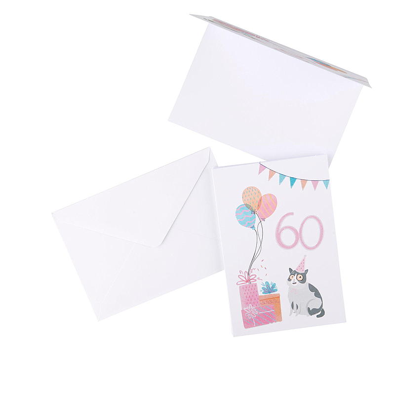 Kort 60 år, katt m/ballonger