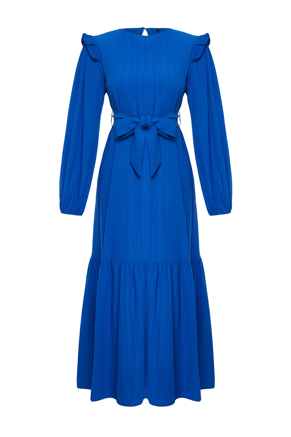 Trendyol Modest  Blauer Rüschenrock mit Gürtel und Volants, gefüttertem Viskose-Mischgewebe-Kleid TCTSS23EB00290